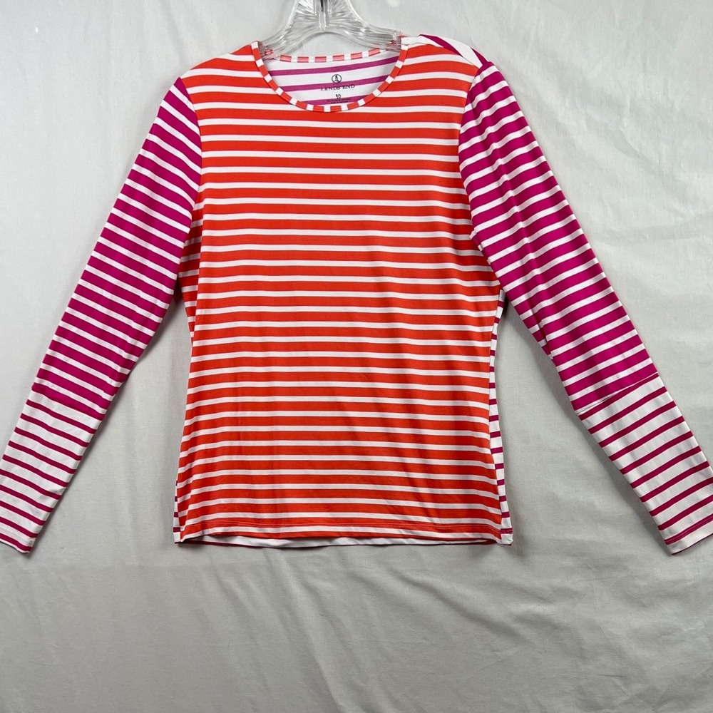 Lands' End Top Women Small 6-8 Swim Shirt Orange Striped Long Sleeve Athletic